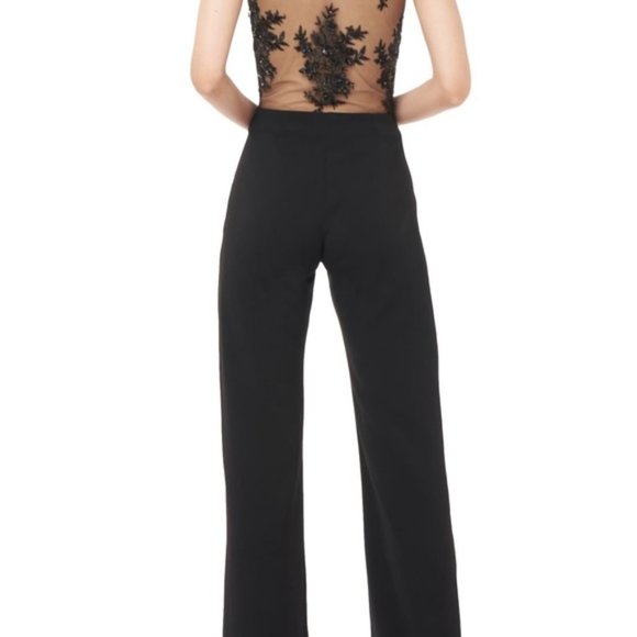 🆕️ NEW LOVE, THEIA Sequin Lace Illusion Back Sleeveless Crepe Jumpsuit 2 - Picture 7 of 10